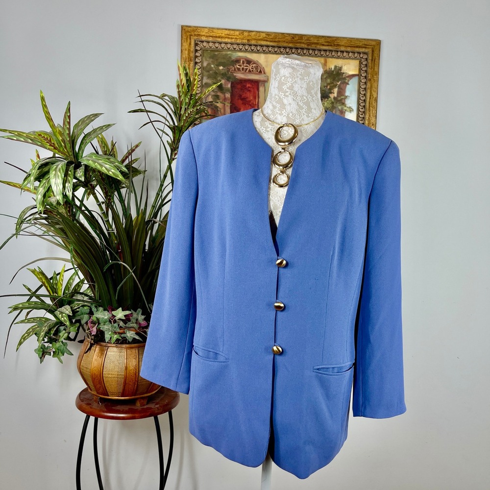 Liz Claiborne Blazer Women 12 Blue Polyester Collarless Gold Button Vintage